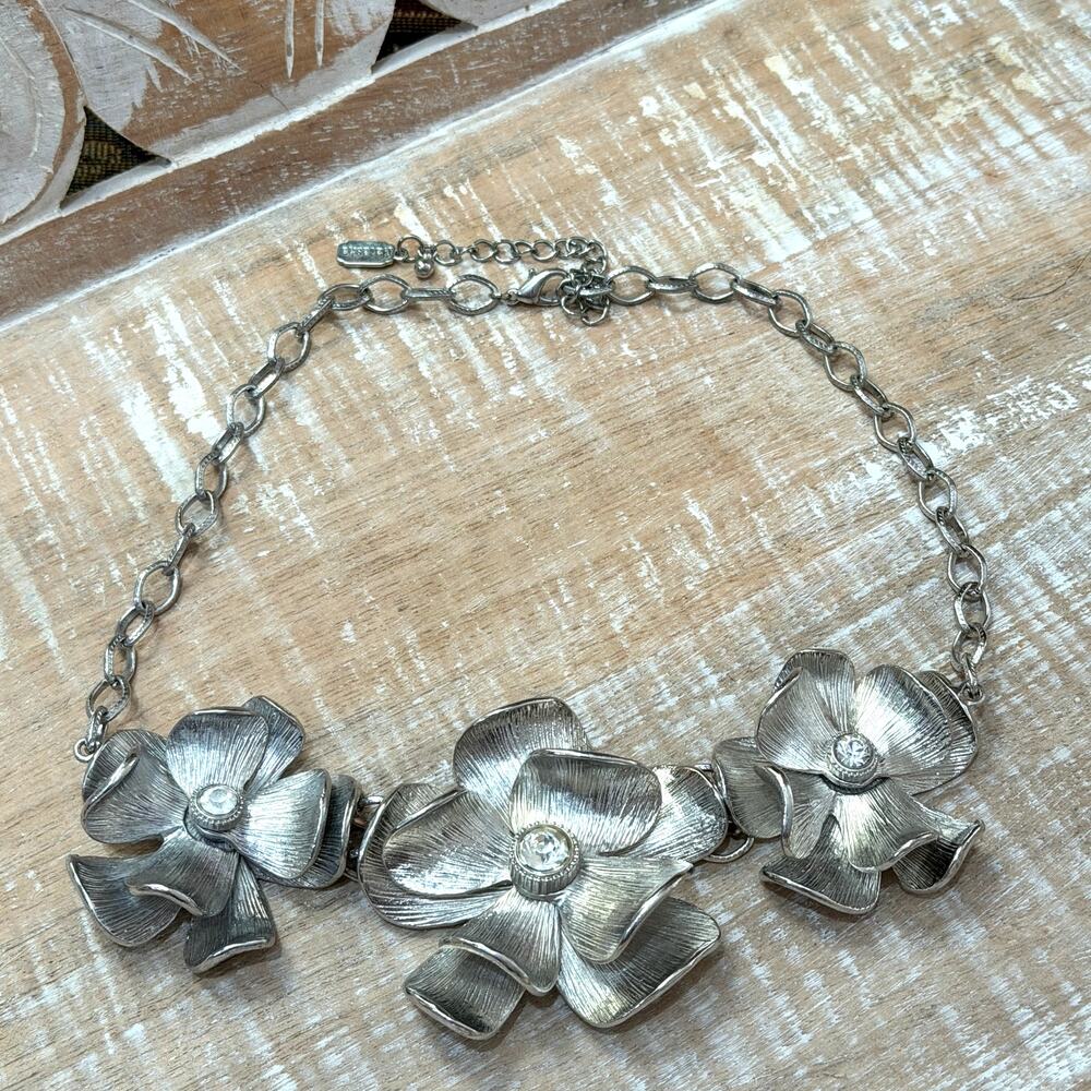 Natasha Necklace Silver Tone Chunky Floral Bib Rhinestone Textured Flower Retro